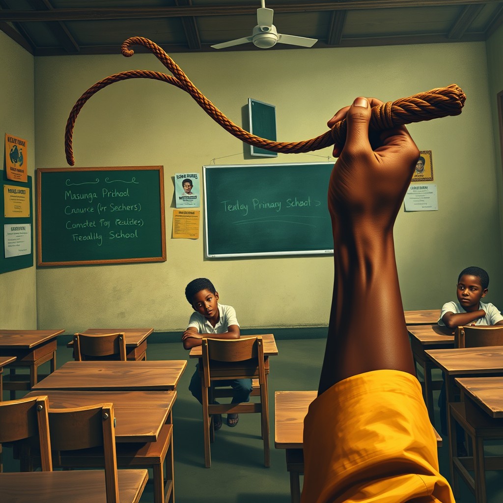 A nostalgic scene depicting a classroom reminiscent of Masunga Primary School