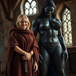 In a medieval room, a very happy 19-year-old blonde woman, petite with medium-length hair and blue eyes, beams with joy