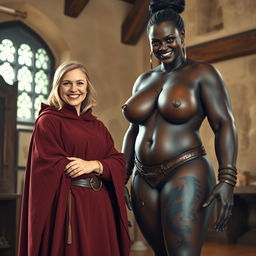 In a medieval room, a very happy 19-year-old blonde woman, petite with medium-length hair and blue eyes, beams with joy