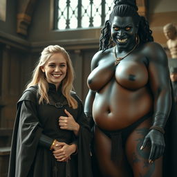 In a medieval room, a very happy 19-year-old blonde woman, petite with medium-length hair and blue eyes, beams with joy