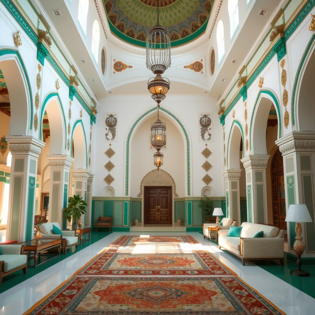 An eastern style hall featuring emerald accents, white furniture, and beige decorative elements