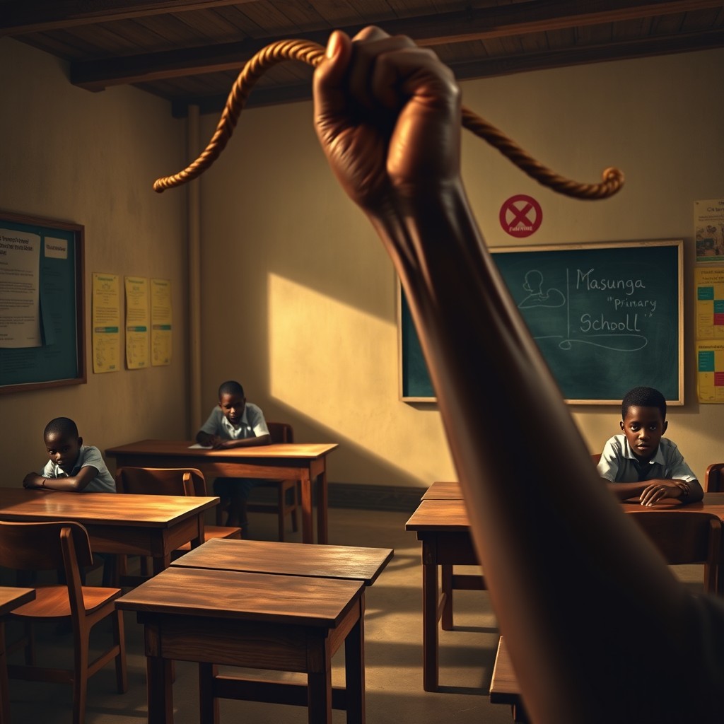 A nostalgic scene depicting a classroom reminiscent of Masunga Primary School