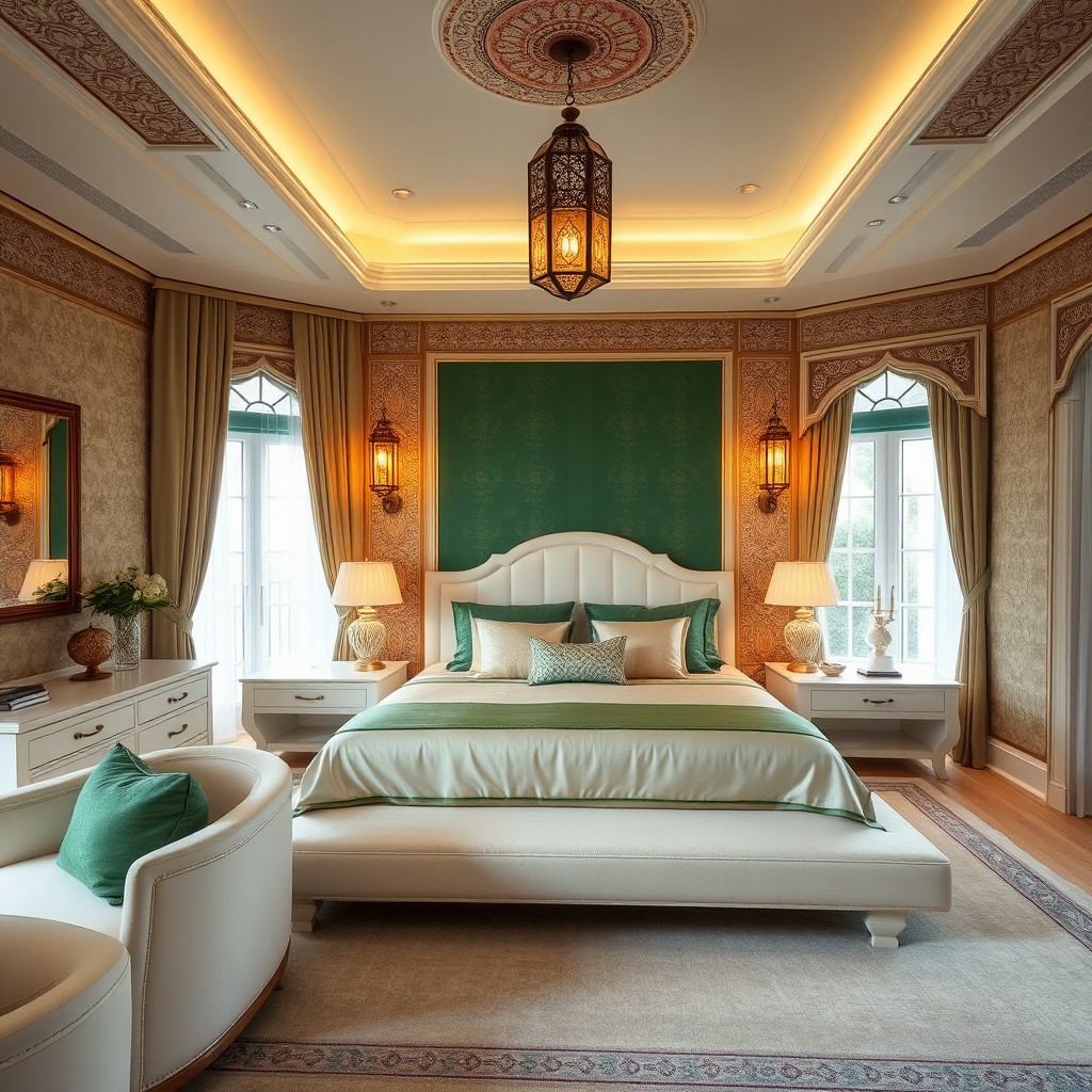 A beautifully designed bedroom in an Eastern style, featuring emerald green accents, elegant white furniture, and beige textile elements