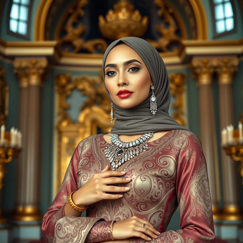 A beautiful, confident woman wearing a stylish hijab, showcasing a slim and ideal feminine figure