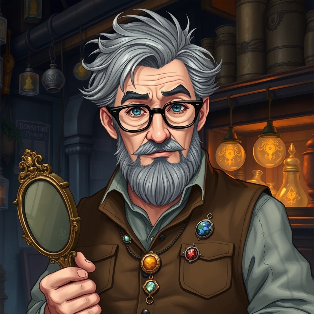A portrait of a middle-aged man with gray streaks in his hair, wearing thick-lensed glasses