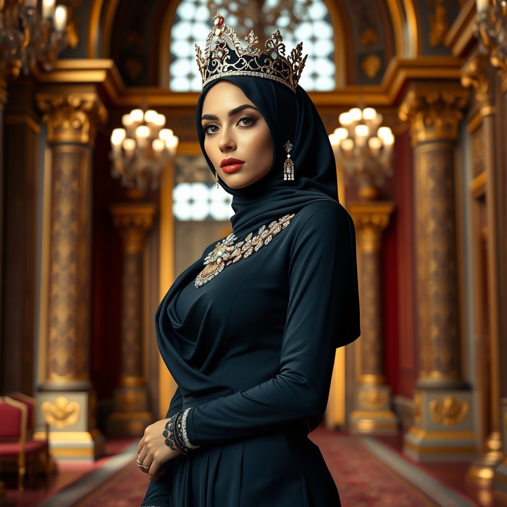 A stunning, confident woman wearing an elegant hijab, exhibiting a slim and ideal feminine body as she stands tall with assurance