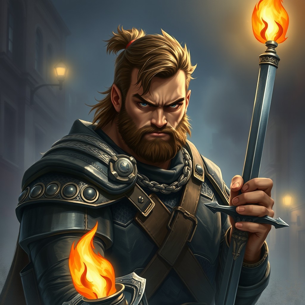 A portrait of a strong man wearing a light chainmail armor, holding a torch in one hand while gripping a sword tightly with the other
