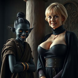 Next to a pillar in a medieval room, a young, sinister woman with deeply dark black skin, appearing malnourished at around 30 years old, stands at a low height