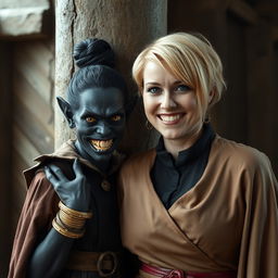 Next to a pillar in a medieval room, a young, sinister woman with deeply dark black skin, appearing malnourished at around 30 years old, stands at a low height