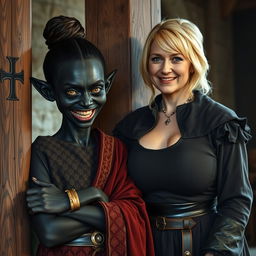Next to a pillar in a medieval room, a young, sinister woman with deeply dark black skin, appearing malnourished at around 30 years old, stands at a low height