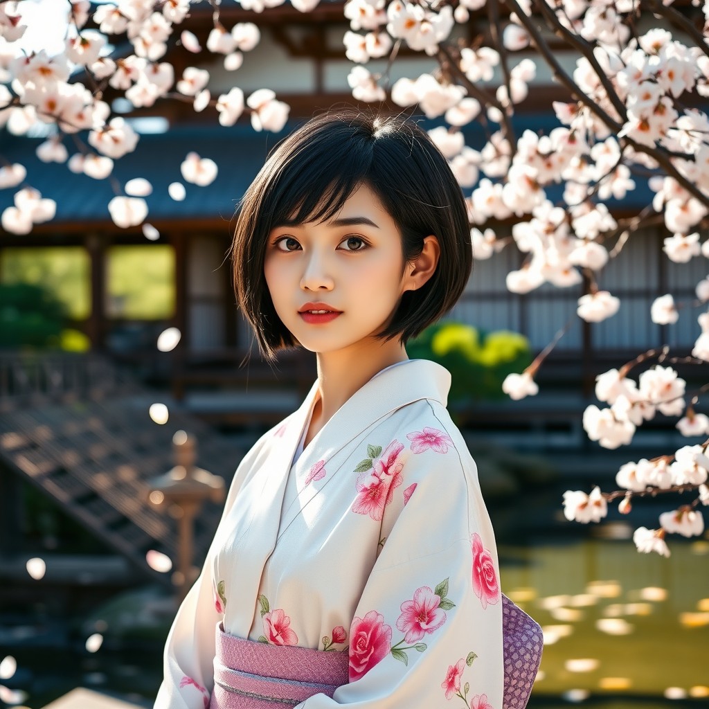 A young short Japanese woman with black hair styled in a modern bob cut, wearing a pastel-colored kimono adorned with floral patterns
