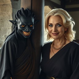 Next to a pillar in a medieval room, a young, malevolent woman with deeply black skin, appearing malnourished at about 30 years old, stands at a low height