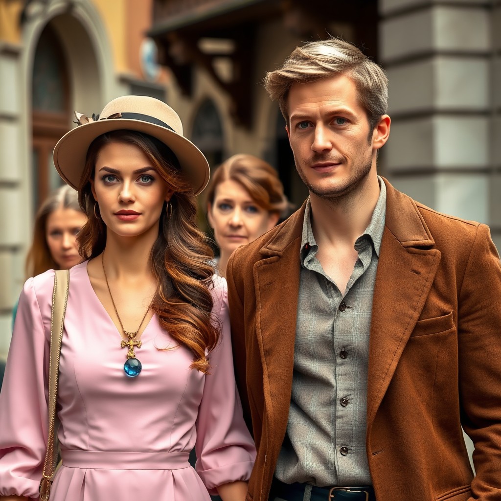 An elegantly dressed scene in Győr, featuring Zichy Zsigmond, a handsome man around 35 years old with light brown hair, wearing a brown jacket