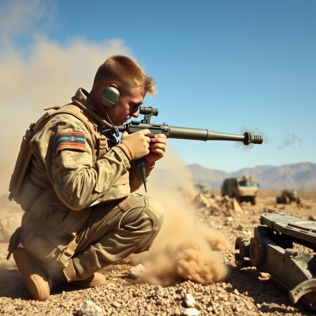 An army soldier in full combat gear, focused and determined, using a mortar