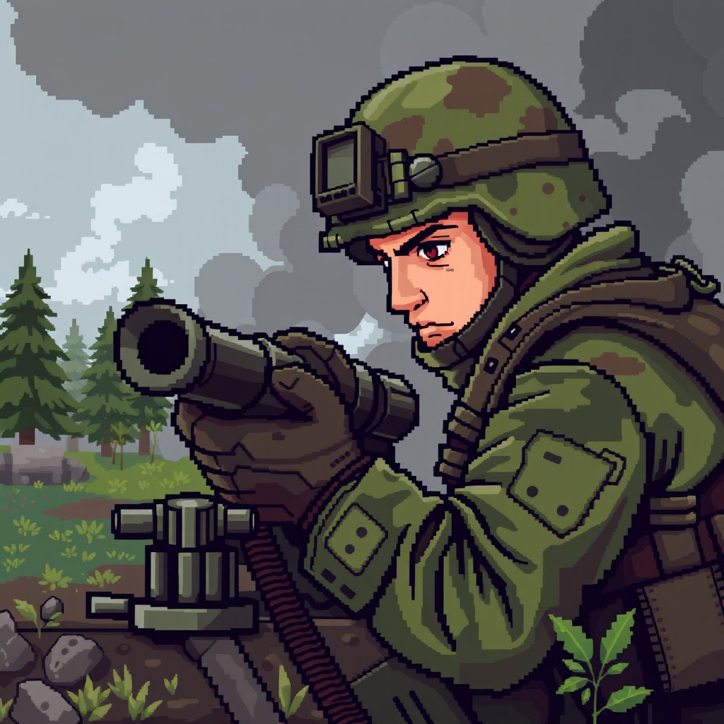 A pixel art depiction of an army soldier in action, using a mortar
