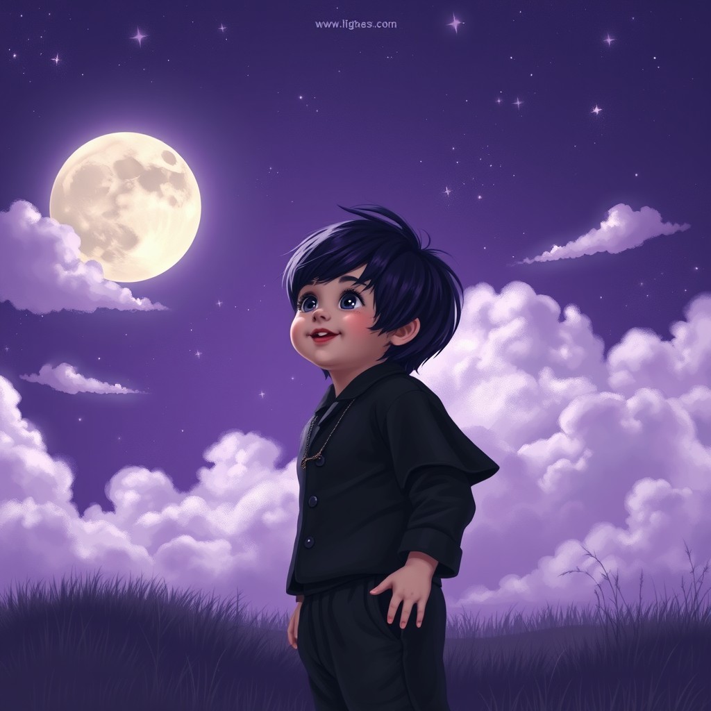 A young child with dark purple-tinged black hair, wearing a stylish black outfit, standing under a night sky filled with a large, luminous moon and fluffy clouds