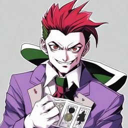 Hisoka from Hunter X Hunter looking directly at the camera with a malicious smile, holding a joker's card, all depicted in the art style of Kentaro Miura from Berserk.