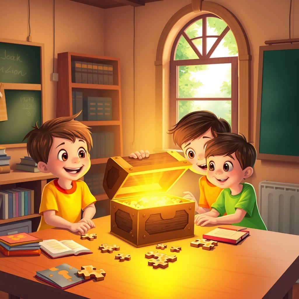 Three young children gathered around a warm wooden table in a cozy classroom, eagerly opening a glowing treasure chest that emits a magical golden light