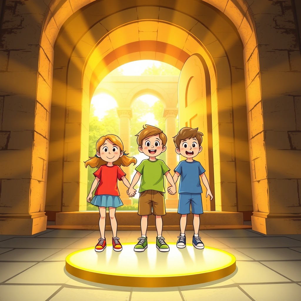 Three children, consisting of one girl and two boys, are holding hands in front of an ancient arched doorway that stands wide open, pouring bright golden light into the scene