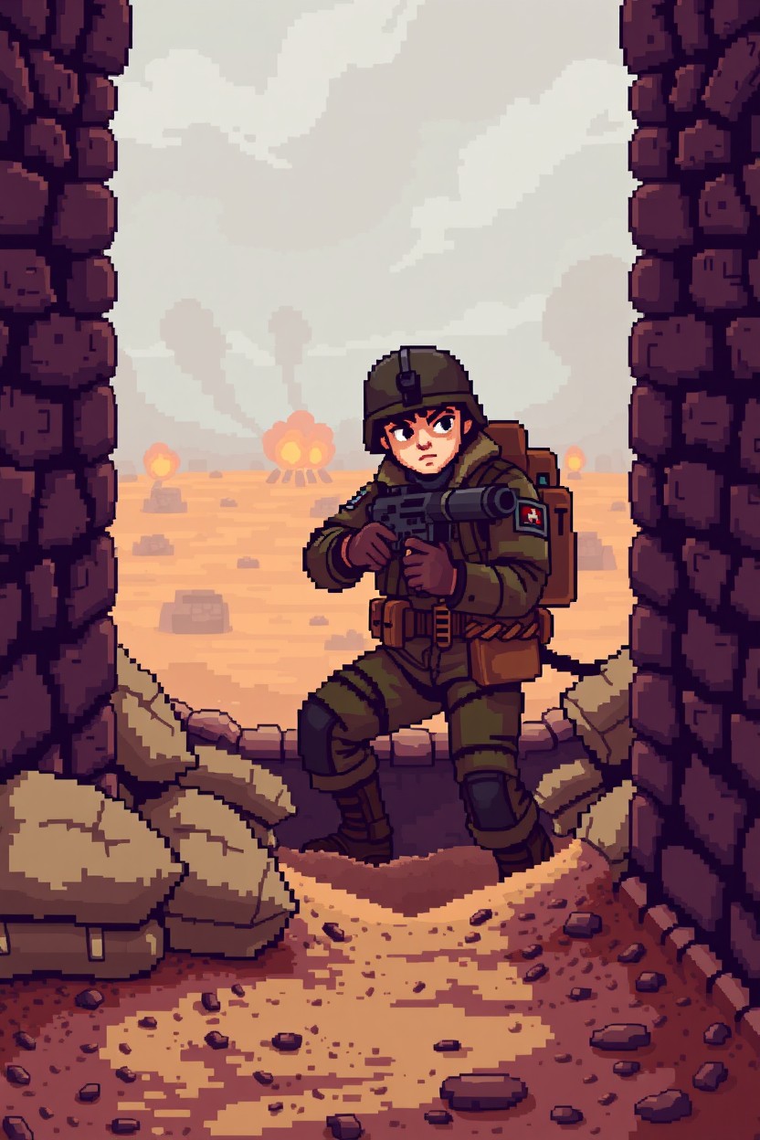 A pixel art scene featuring a soldier in a 1:16 scale, armed with a heavy machine gun, stationed behind a fortified trench