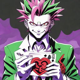 Hisoka from Hunter X Hunter looking directly at the camera with a malicious smile, holding a joker's card, all depicted in the art style of Kentaro Miura from Berserk.