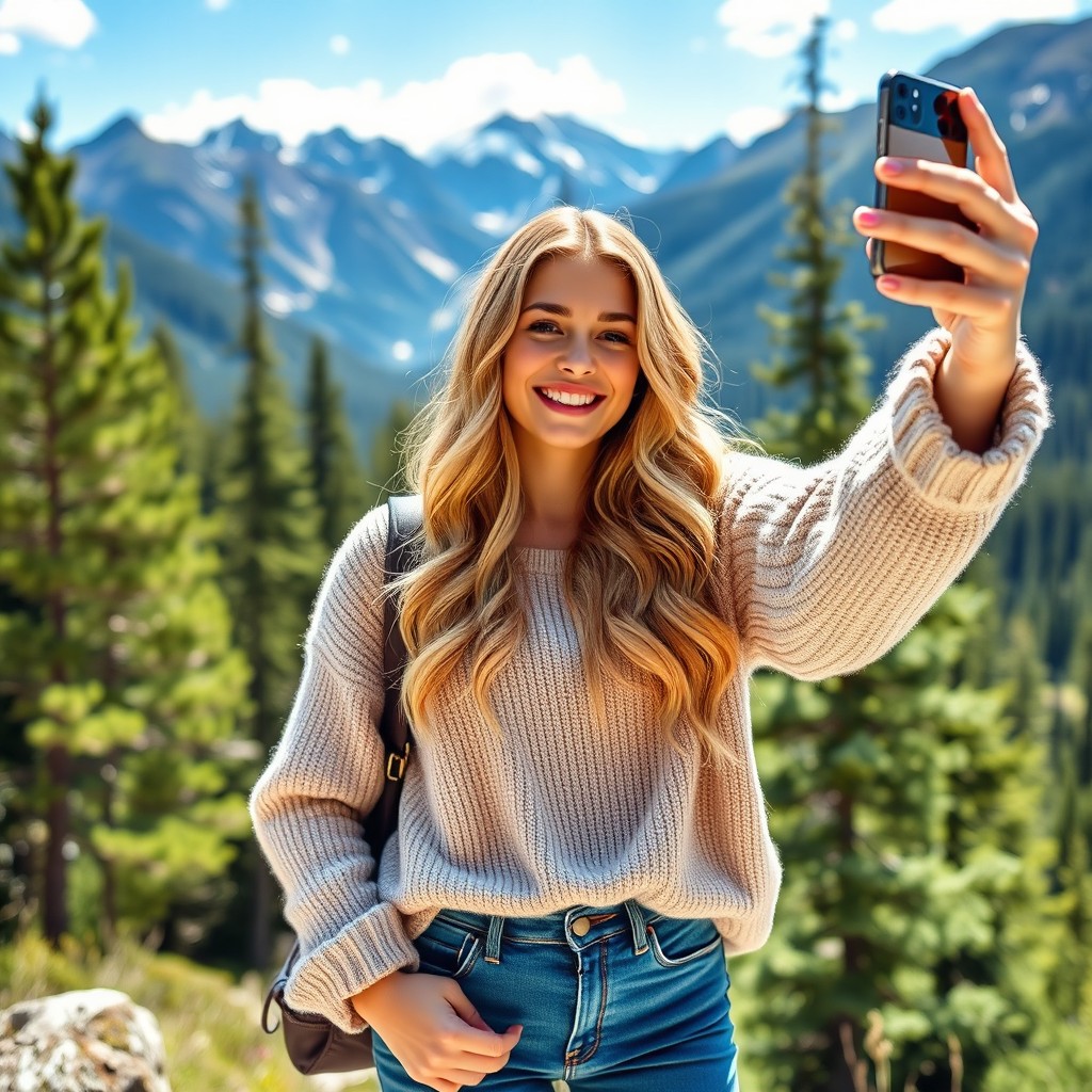 A beautiful Canadian girl taking a selfie in a picturesque outdoor setting