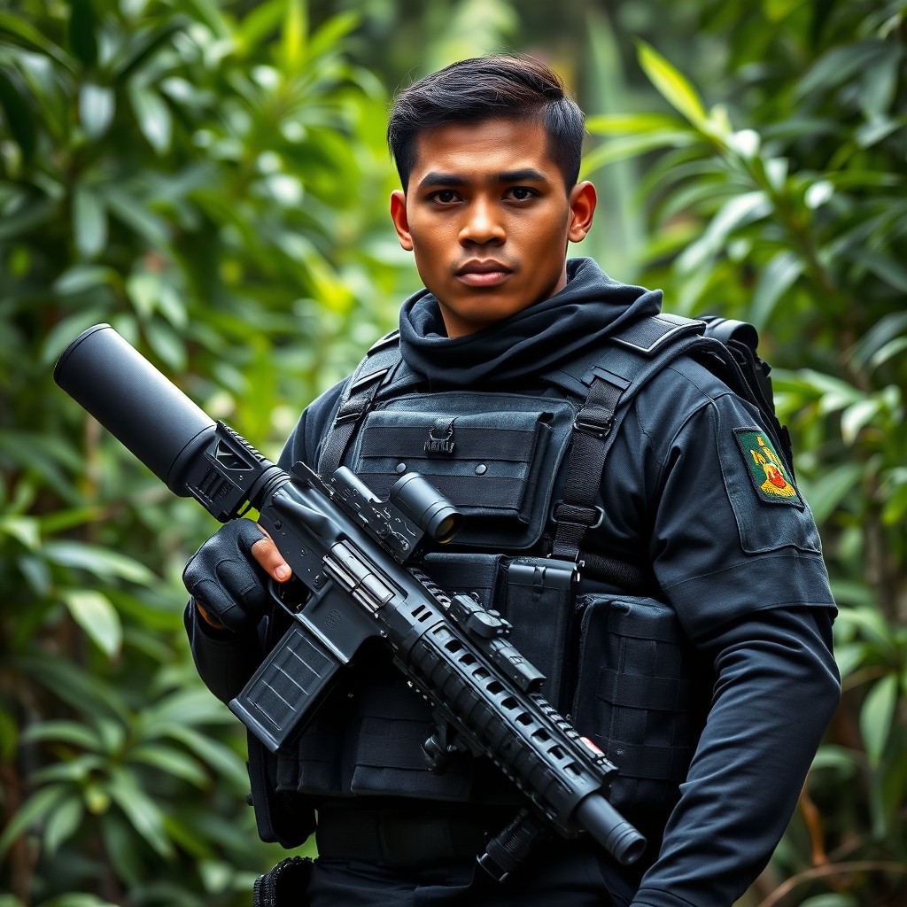 A Papua New Guinea soldier in a sleek black special forces uniform, equipped with body armor that features tactical details