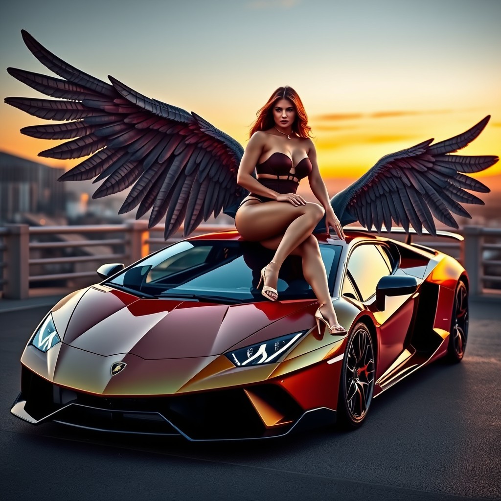 A beautiful woman straddling a muscular, winged man next to a stunning Lamborghini SVJ