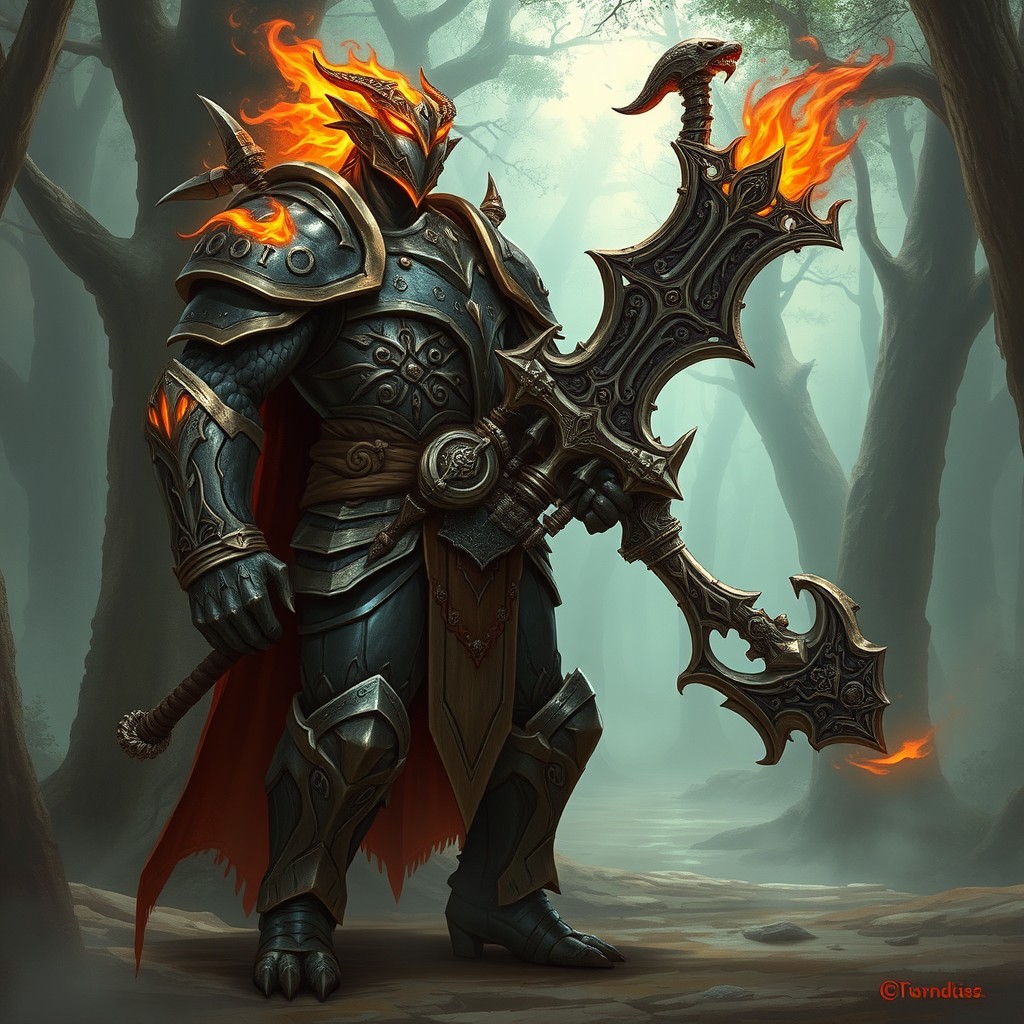 A detailed fantasy character for Dungeons & Dragons, a forged warrior