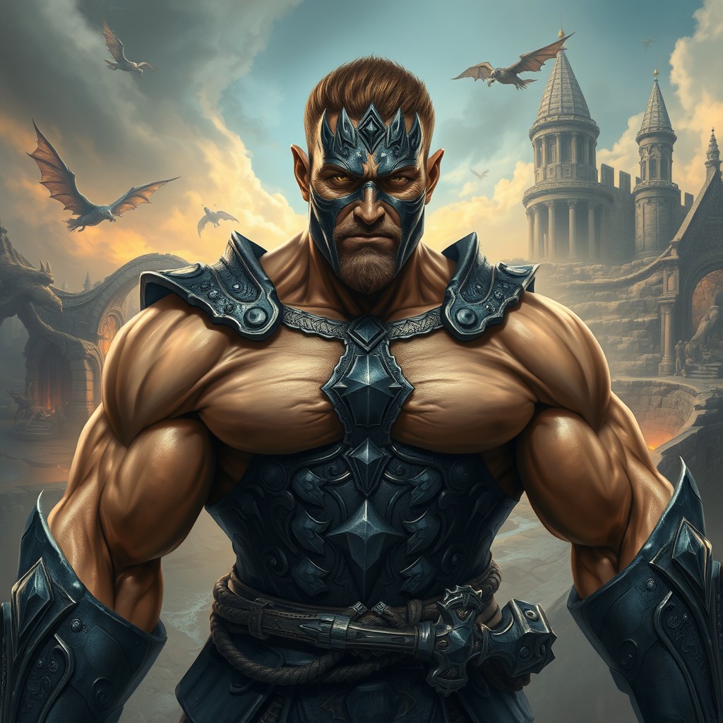 A muscular forged man with intricate metallic features, inspired by fantasy Dungeons & Dragons themes and medieval aesthetics