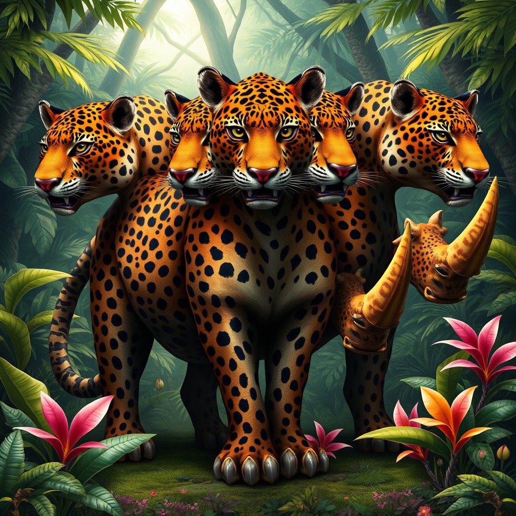 A fantastical creature embodying features of both a leopard and a rhinoceros, specifically a unique hybrid with four heads