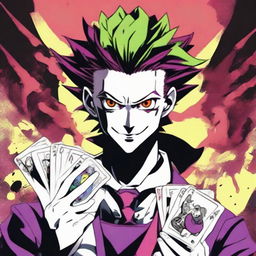 Hisoka from Hunter X Hunter looking directly at the camera with a malicious smile, holding a joker's card, all depicted in the art style of Kentaro Miura from Berserk.