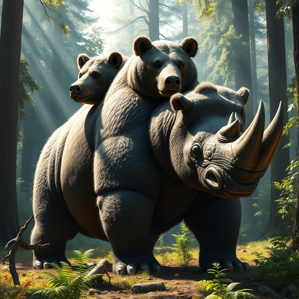 A spectacular hybrid creature merging the characteristics of a bear and a rhinoceros, featuring four imposing heads