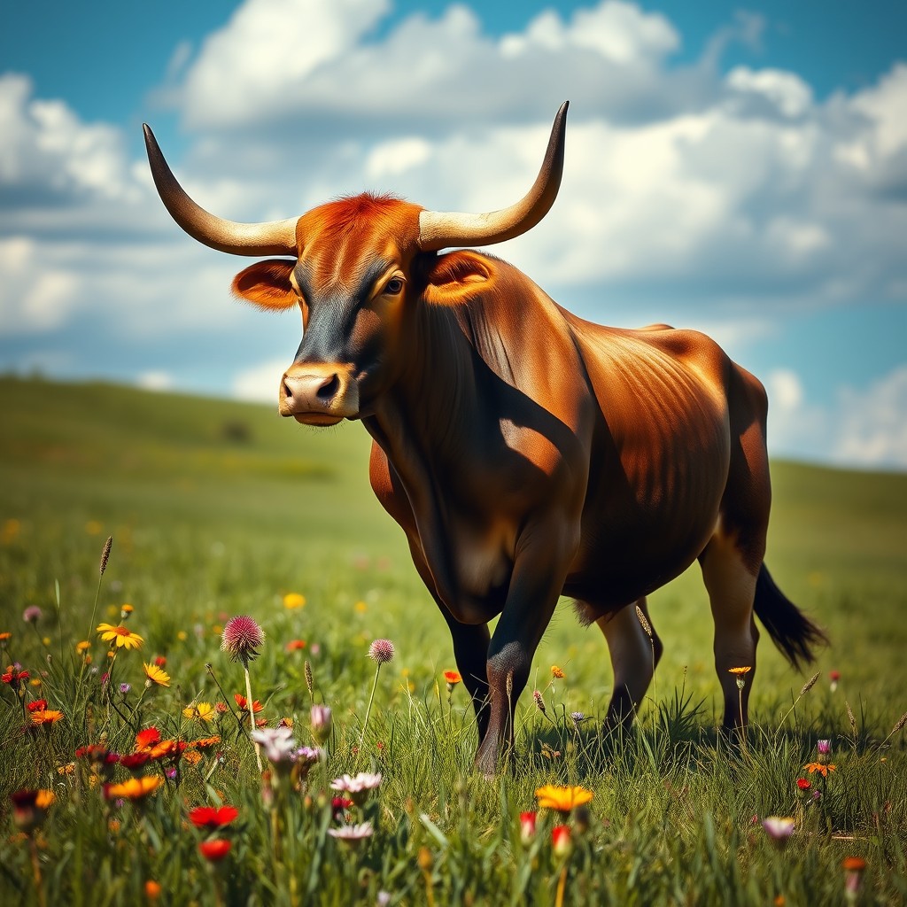 A majestic bull standing proudly in a lush green meadow, showcasing its muscular physique and shining coat