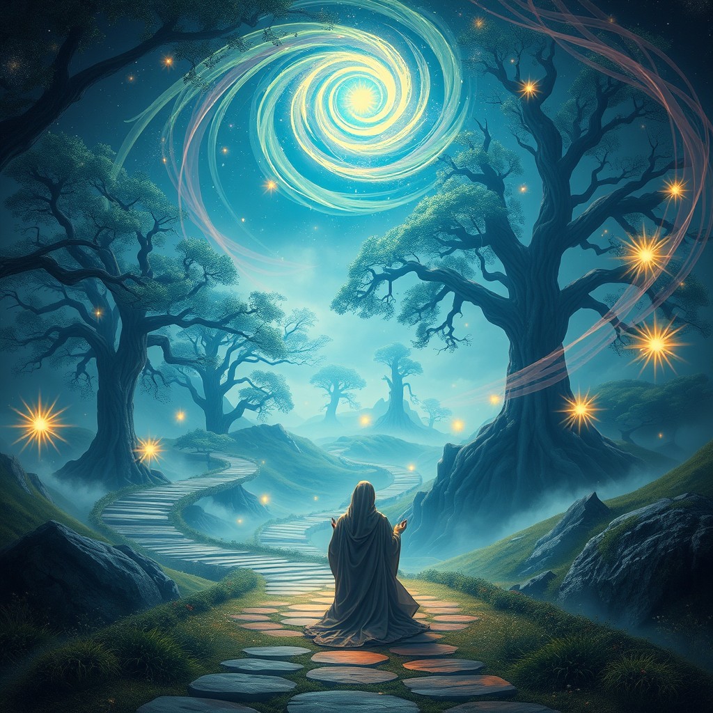 A serene and mystical depiction of a Sufi spiritual journey, featuring an ethereal landscape with winding paths, towering ancient trees, and shimmering celestial lights
