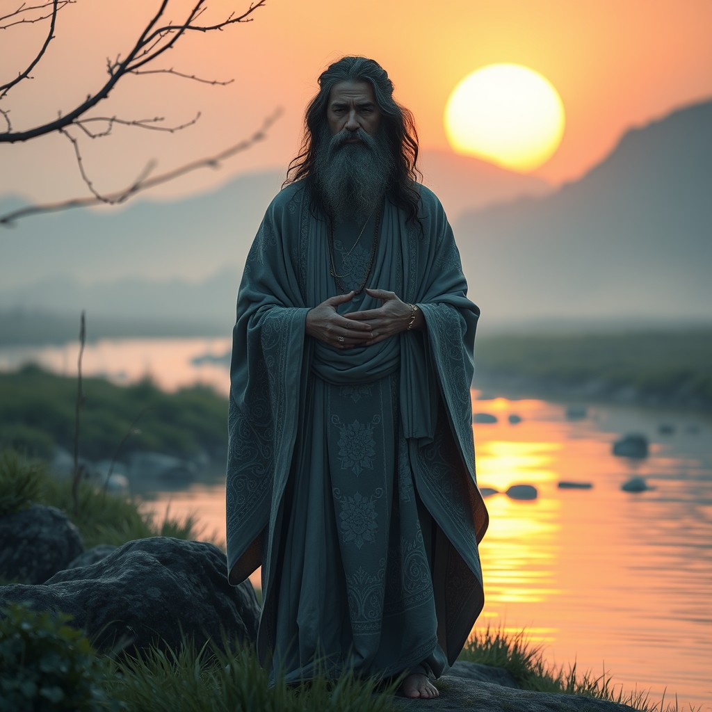 A serene and contemplative scene depicting a Sufi mystic in a tranquil environment, surrounded by nature, reflecting on the concepts of true self and spiritual calling