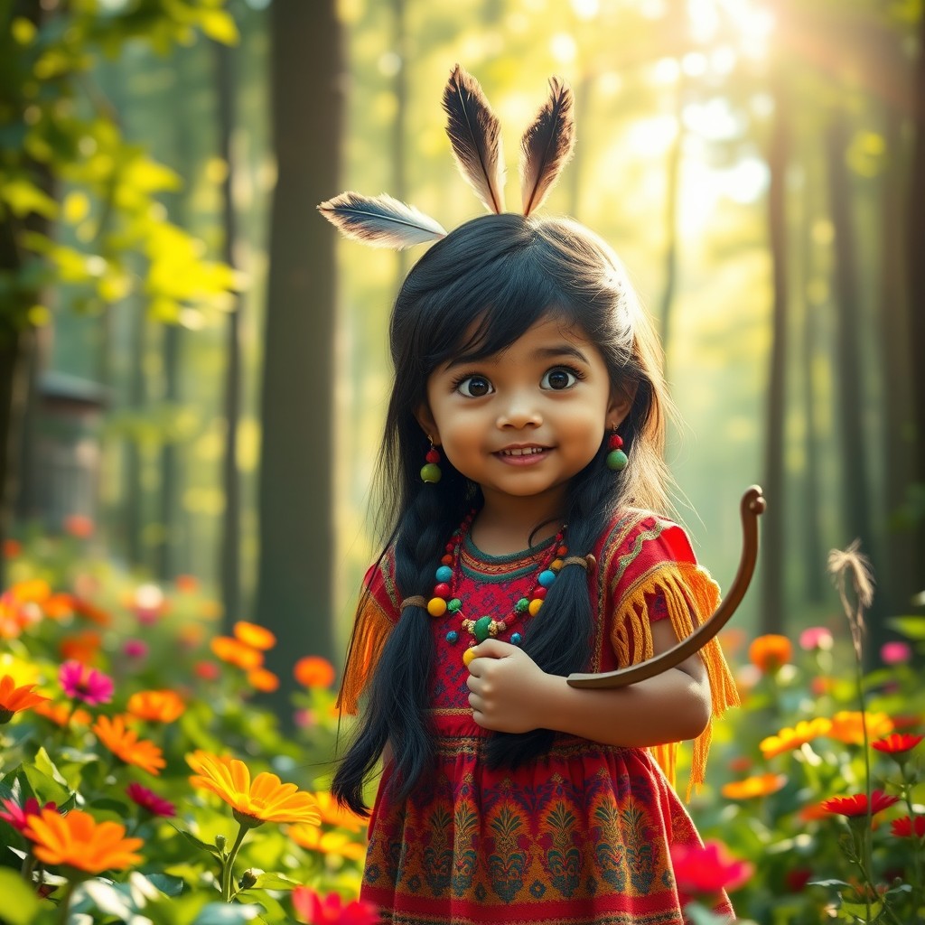 A small adventurous Indian girl, with long black hair adorned with colorful beads and feathers, wearing a vibrant traditional dress made of patterned fabric