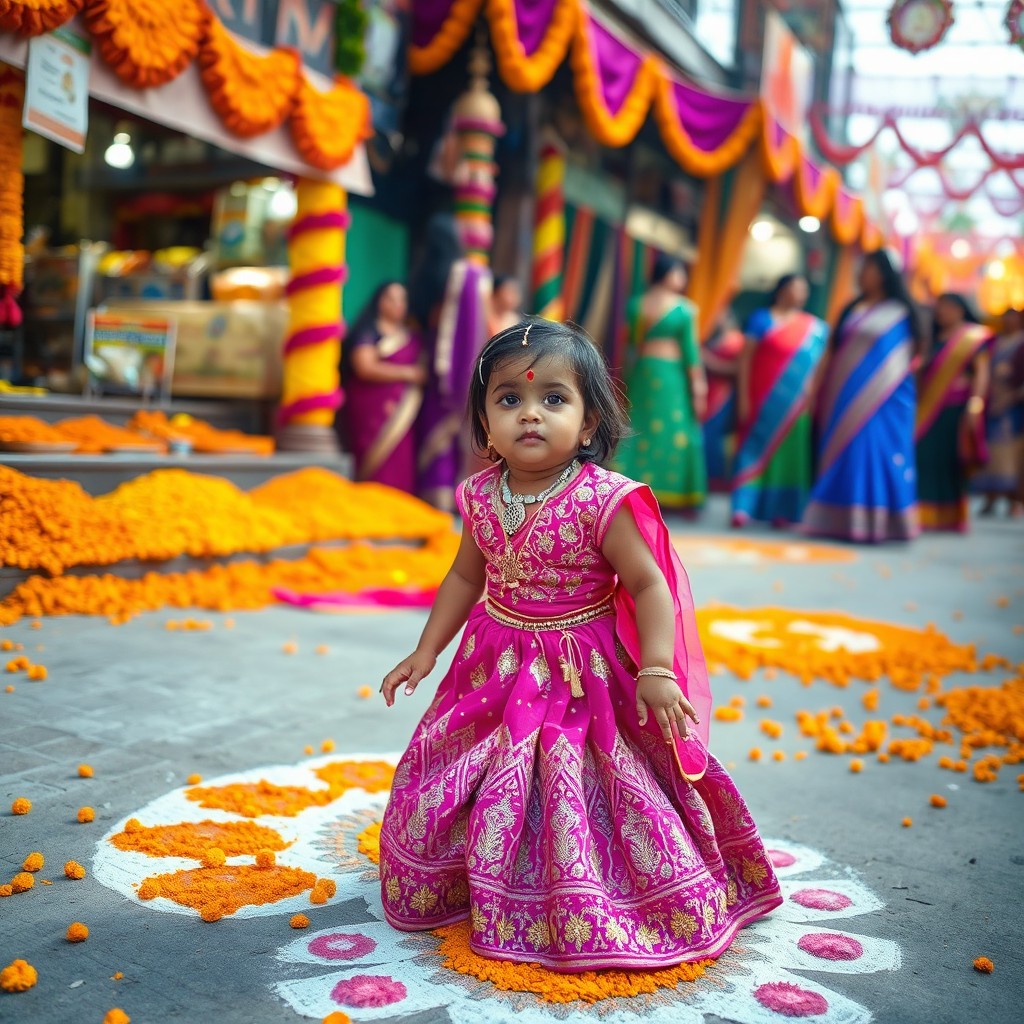 A small white Indian girl playing in a vibrant, colorful traditional Indian village during a festival, surrounded by marigold flowers and decorative rangoli patterns on the ground