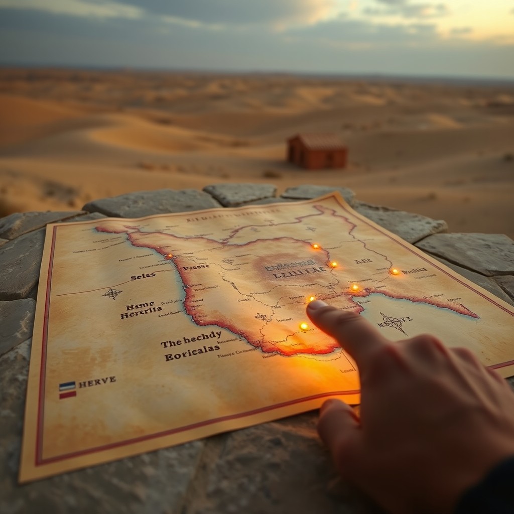 An ancient Hebrew map laid out on a stone table, displaying the 42 stops of the Israelite journey marked with soft fire or symbolic icons