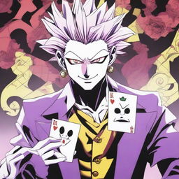 Hisoka from Hunter X Hunter looking directly at the camera with a malicious smile, holding a joker's card, all depicted in the art style of Kentaro Miura from Berserk.