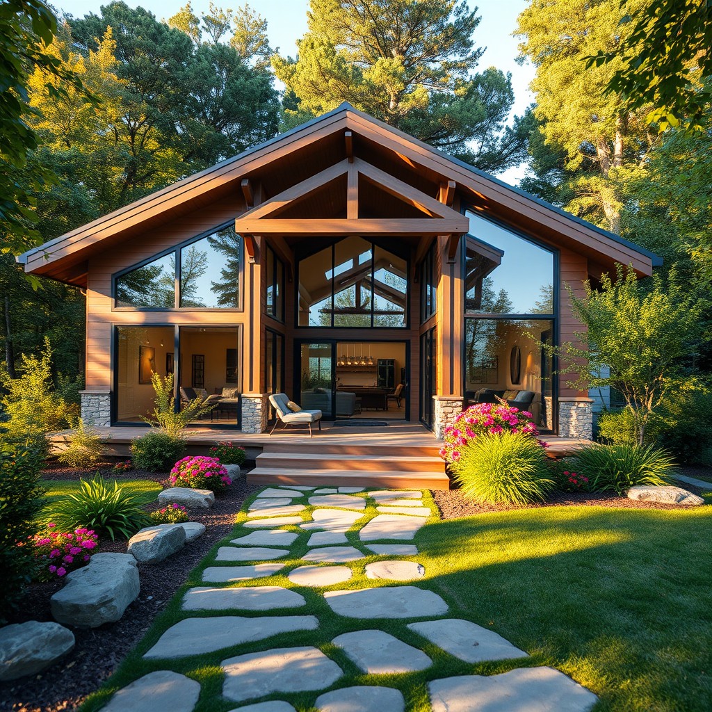 A beautifully designed modern house nestled in a serene environment, featuring large glass windows that allow an abundance of natural light, a spacious open floor plan with a minimalist aesthetic, surrounded by lush greenery