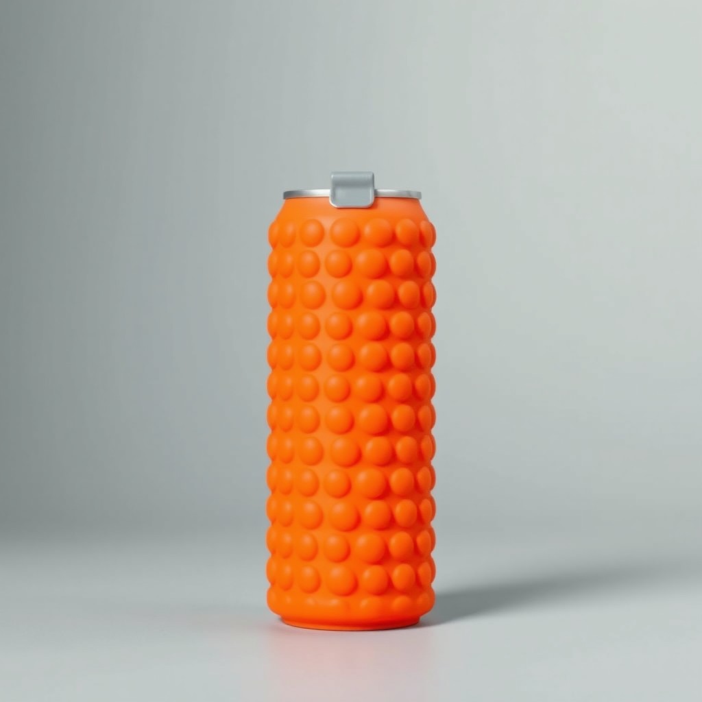 A modern, minimalist beverage can with a soft silicone body in bright orange color, featuring a surface covered with large, uniform, bubble-like rounded textures arranged in a neat grid pattern
