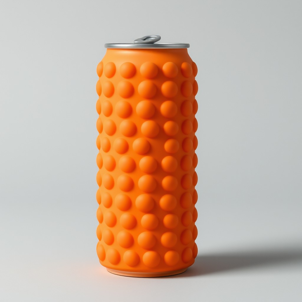 A modern, sleek beverage can with a soft, matte silicone body in bright orange, featuring a surface uniformly covered with large, evenly spaced bubble-like textures arranged in a precise grid layout
