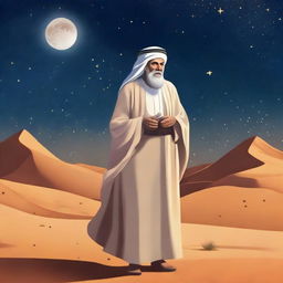 An elderly, wise Arab figure in traditional clothes, with a background of a tranquil desert under the starry sky.