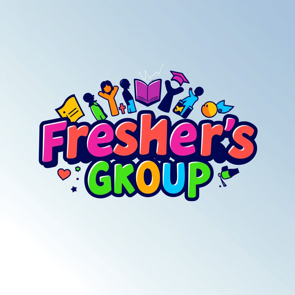 A vibrant and modern logo design for a fresher's group, incorporating elements that represent youth, energy, and community
