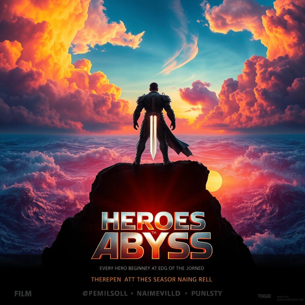 A visually stunning cinematic poster featuring a dramatic scene with a heroic character standing on a cliff overlooking a vast, turbulent ocean at sunset