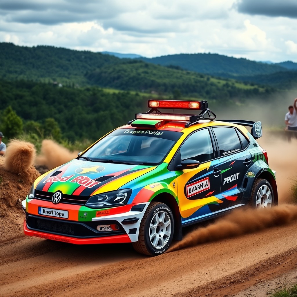 A Brazilian 2013 Polo Sedan configured for rally racing, featuring a vibrant and aggressive design with a custom paint job showcasing bold graphics and bright colors