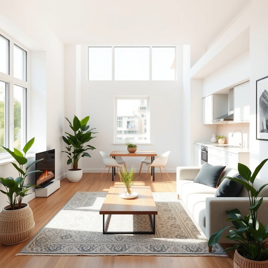 A bright and simple apartment interior design, featuring large windows allowing ample natural light to flow in