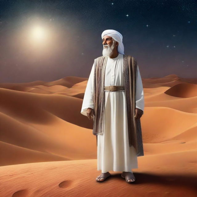 An elderly, wise Arab figure in traditional clothes, with a background of a tranquil desert under the starry sky.