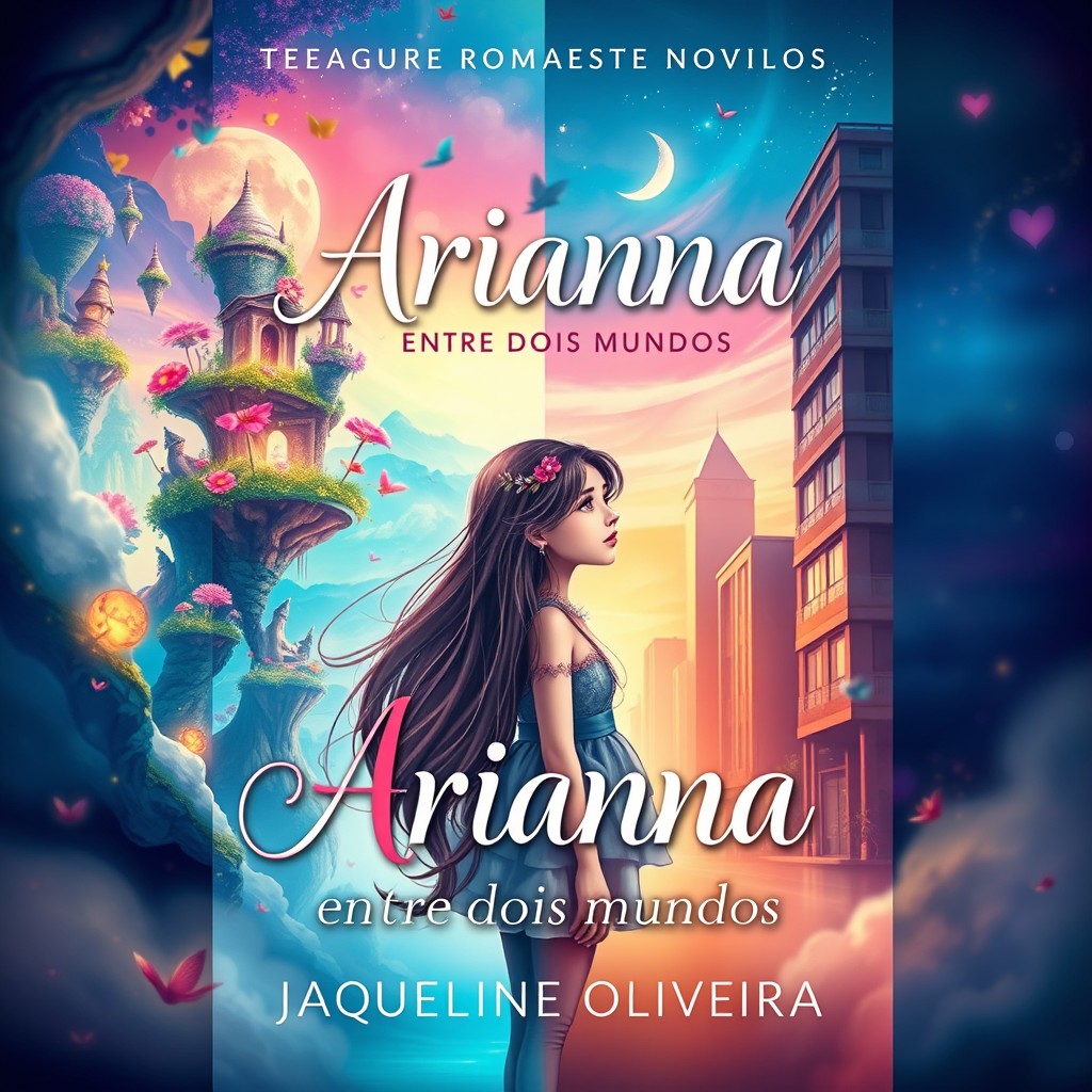 The cover design for a teenage romance novel titled 'Arianna Entre Dois Mundos' by author Jaqueline Oliveira